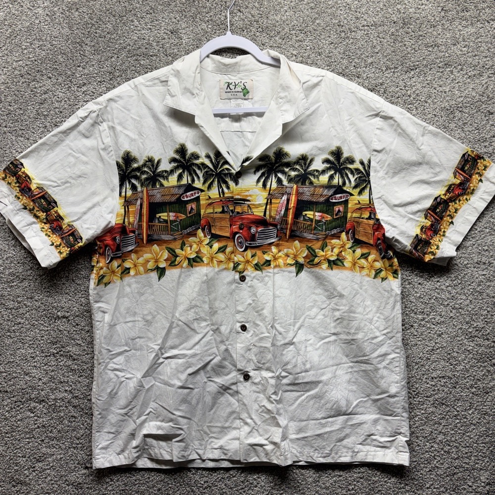 Vintage KY's XL USA Made‎ Hawaiian Men Short Sleeve Shirt Surf Shop Floral Beach
